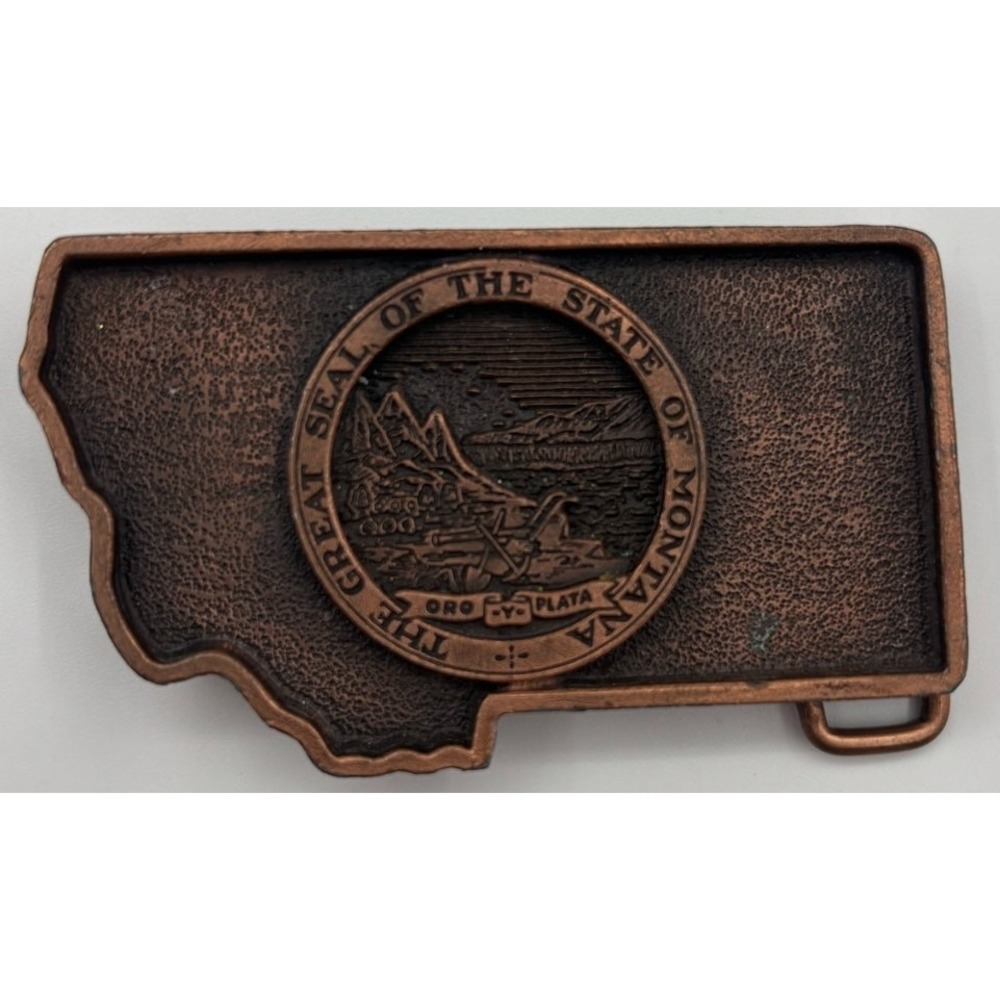 Vintage Montana State Seal Belt Buckle Copper Tone Great Seal Oro y Plata USA